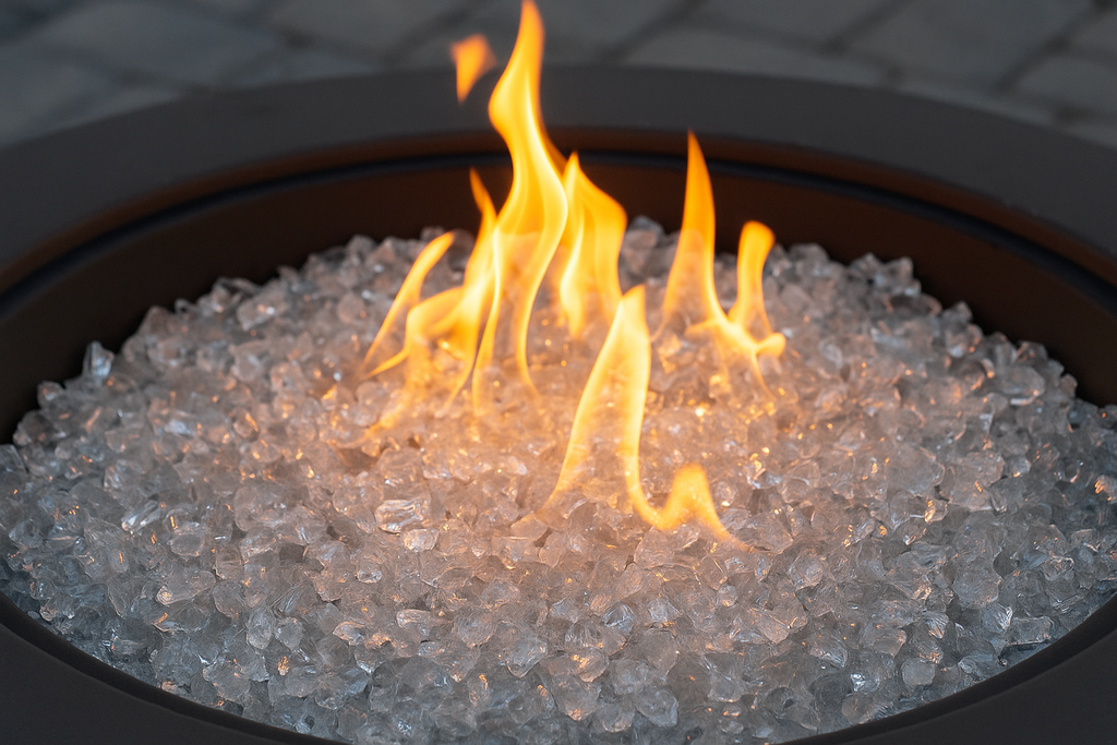 Fire pit with flames and clear glass beads on a stone patio